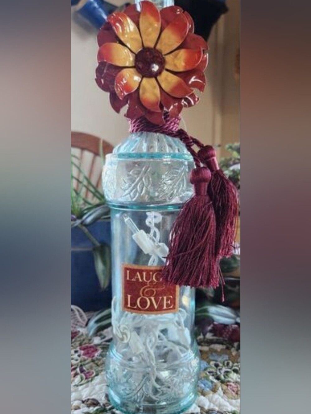 Laugh & Love Decorative Glass Light Jar - Clear w Burgundy Tassel & flower